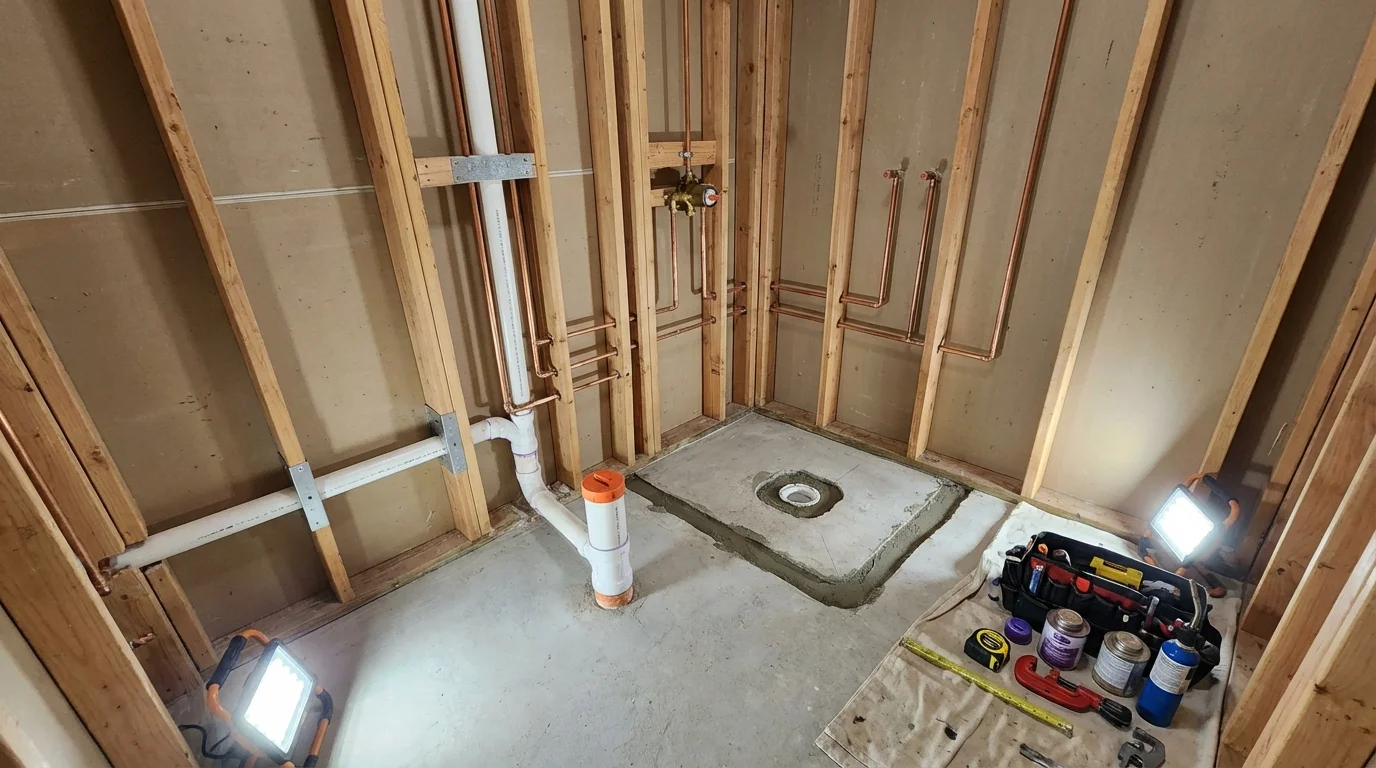 Bathroom rough-in plumbing during remodel by Johns Plumbing LLC in Chama