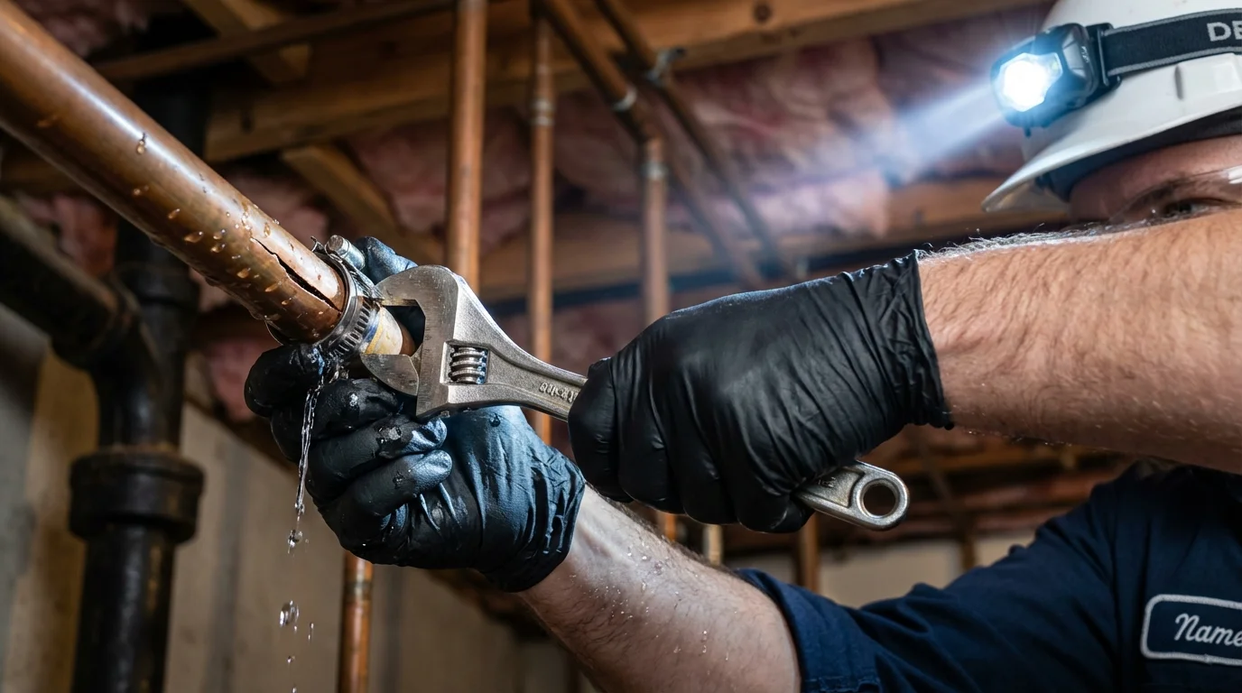Emergency pipe clamp repair being performed by a Johns Plumbing LLC plumber in Chama