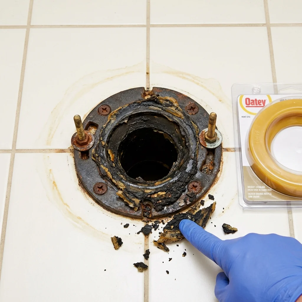 Failed wax ring showing water seepage at the base of a toilet in a Chama, NM home