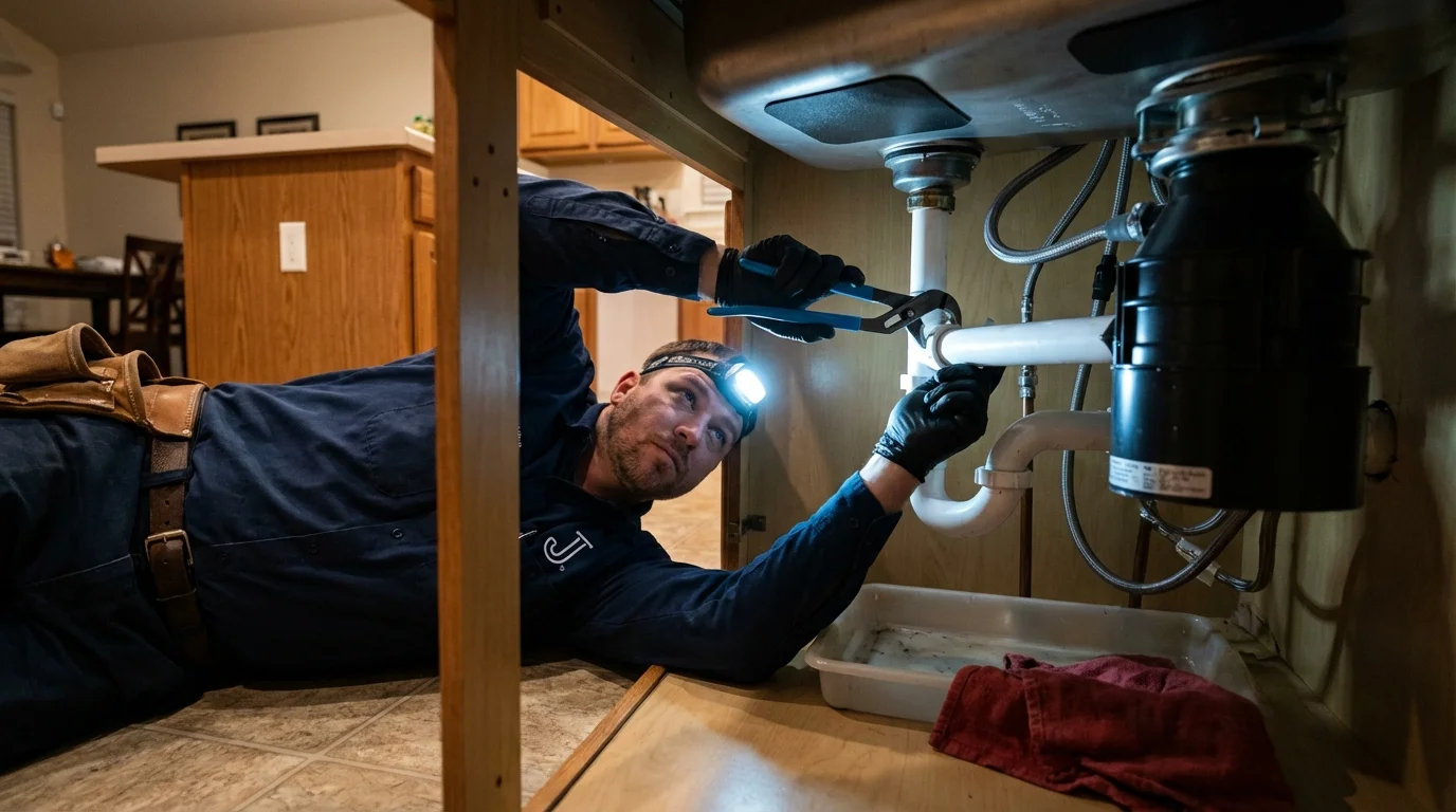 P-trap and supply line connections under a kitchen sink showing a common leak point in Chama, NM